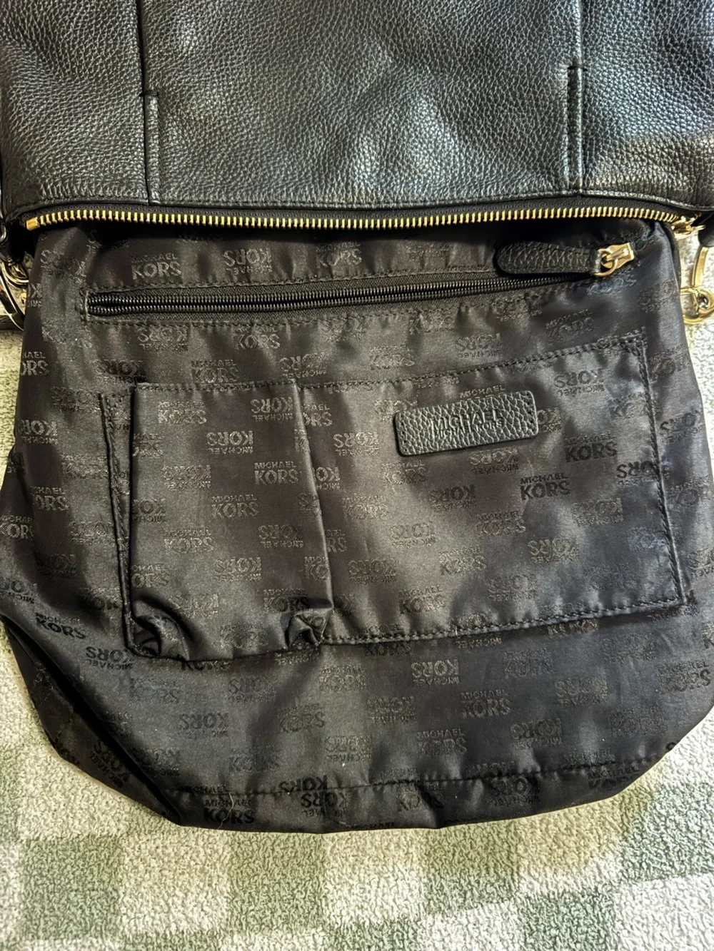 Michael Kors Black Pebbled Leather Shoulder Bag with Gold-Tone MK Charm